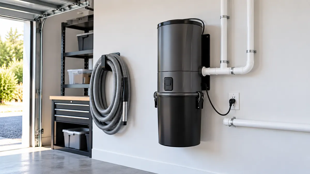 Central vacuum power unit installed in a residential garage